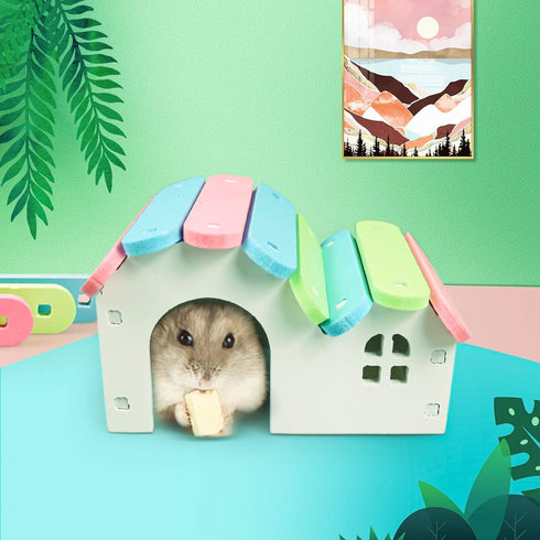 DIY Wooden Dwarf Hamsters House, Gerbil Hideout with Rainbow Bridge Swing, PVC Seesaw, Small Animal Habitat Accessories