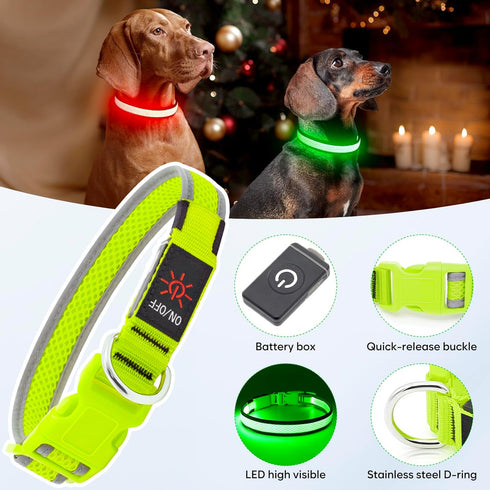 LED Dog Collar - Light Up USB Rechargeable Dog Collar for Night Walking, Adjustable Medium Neon Green