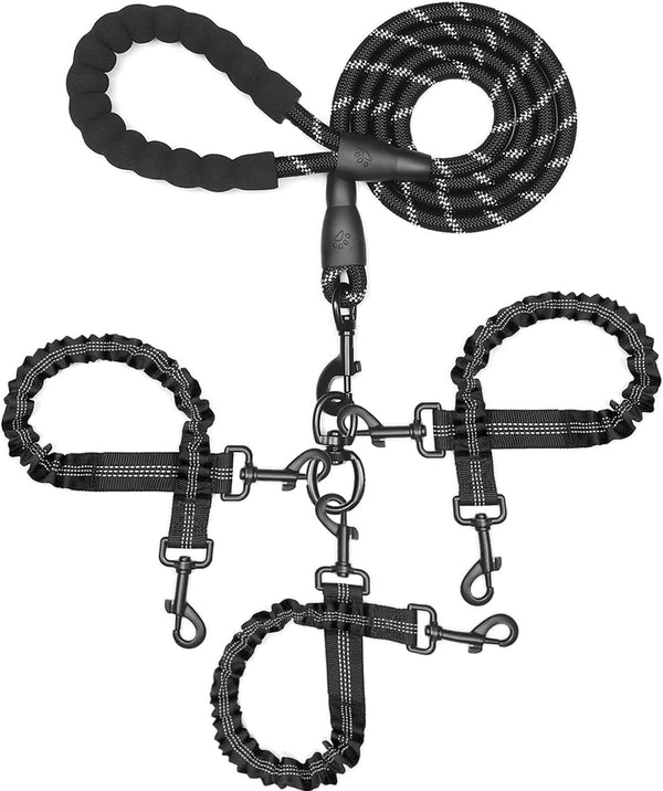 3 Dog Leash No Tangle - Heavy Duty Multiple Dog Lead with Shock Absorbing Bungee and Padded Handle for Medium & Large