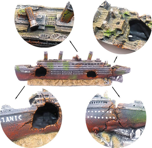 Ulifery Titanic Aquarium Boat Shipwreck Sunken Pirate Ship Resin Fish Tank Decorations Aircraft Carrier for Betta