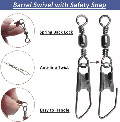 JSHANMEI Fishing Snap Swivels Rolling Barrel Swivels with Safety Snaps, Black Nickel Coated, High Strength Copper