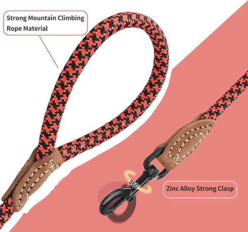 Mile High Life Mountain Climbing Dog Rope Leash, Heavy Duty Metal Clasp, Genuine Leather Connection (Red Black, 72 Inch)