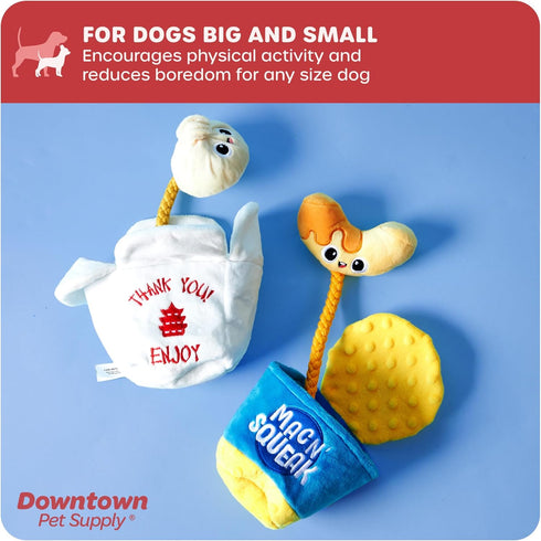 Downtown Pet Supply - Durable Plush Asian Takeout Squeaky Dog Toy - Crinkle & Rope Toy - 1 Pack for All Dogs