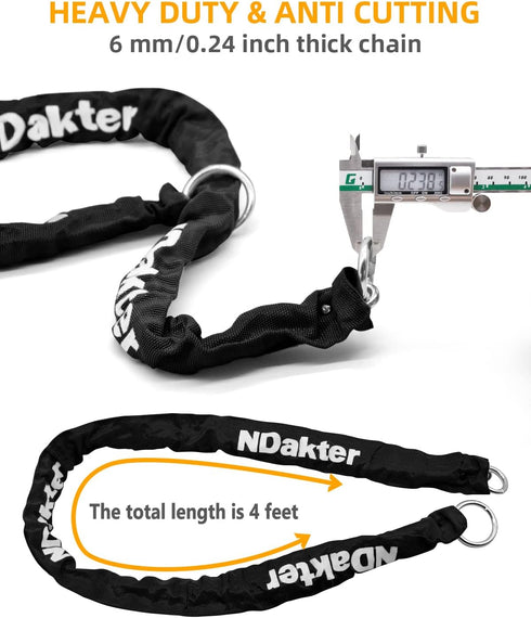 NDakter Heavy Duty Motorcycle Locks, 18mm Anti Theft Lock with 4FT Chain for Scooter, Ebike, Moped