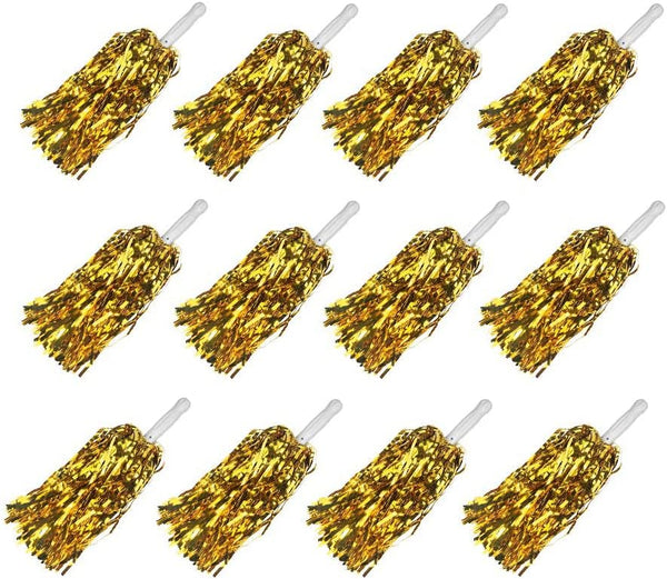XIPEGPA 12 PCS Cheerleading Poms, Metallic Foil Plastic Pom with Baton Handle for Dance Party Decoration