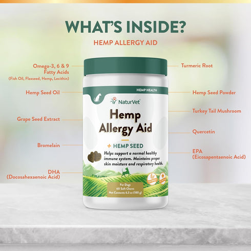 NaturVet Hemp Allergy Aid Supplement for Dogs - 60 Count for Healthy Skin & Respiratory Health