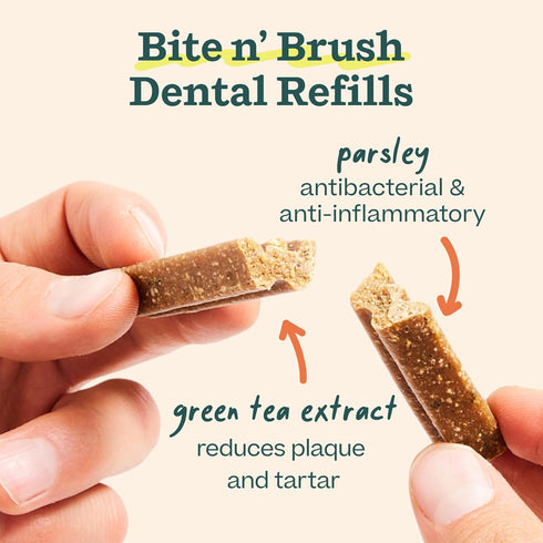 18 WOOF - Bite n' Brush Refills Treats for the Dog Toothbrush Toy - Scrub Plaque and Tartar from Your Dog's Teeth
