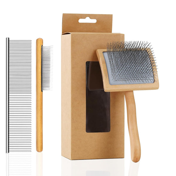 Dog Slicker Brush for Long Haired Dogs, Ergonomic Wooden Handle Grooming Brush for Goldendoodles, Wood