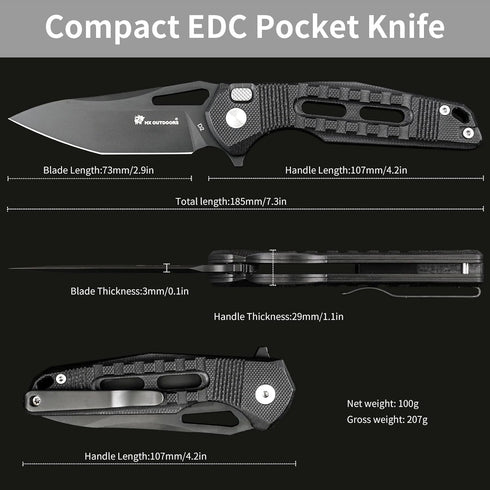 HX OUTDOORS Premium D2 Steel Folding Pocket Knife with Lock, Non-Slip G10 Handle and Pocket Clip (Black)
