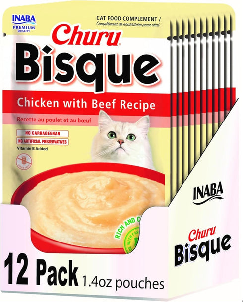 INABA Churu Bisque for Cats, Creamy Lickable Purée Side Dish, 1.4 Ounces per Pouch, Chicken with Beef Recipe - 12