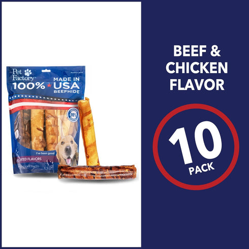 100% 8" 10 Count/1 Pack Pet Factory Made in USA Beefhide Rolls Dog Chew Treats - Beef & Chicken Flavor