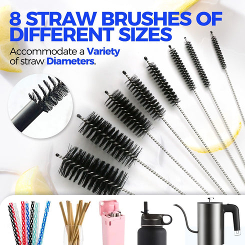 Holikme 10 Pack Bottle Brush Cleaner Set, 15" Long Handle, Flexible Water Bottle Brush, 8 Straw Cleaner Brush, White