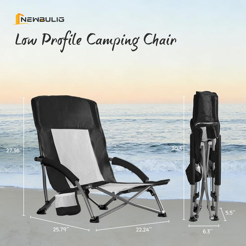 NEWBULIG Low Beach Chair Folding Camping Chair for Adults, Low Profile Lawn Chair with Cup Holders & Carry Bag, Extra