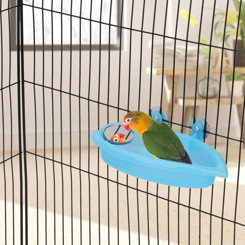 Hypeety Bird Bath with Mirror, Portable Bird Bathroom for Pet Parrots, Bathing Tub Accessories (Blue)