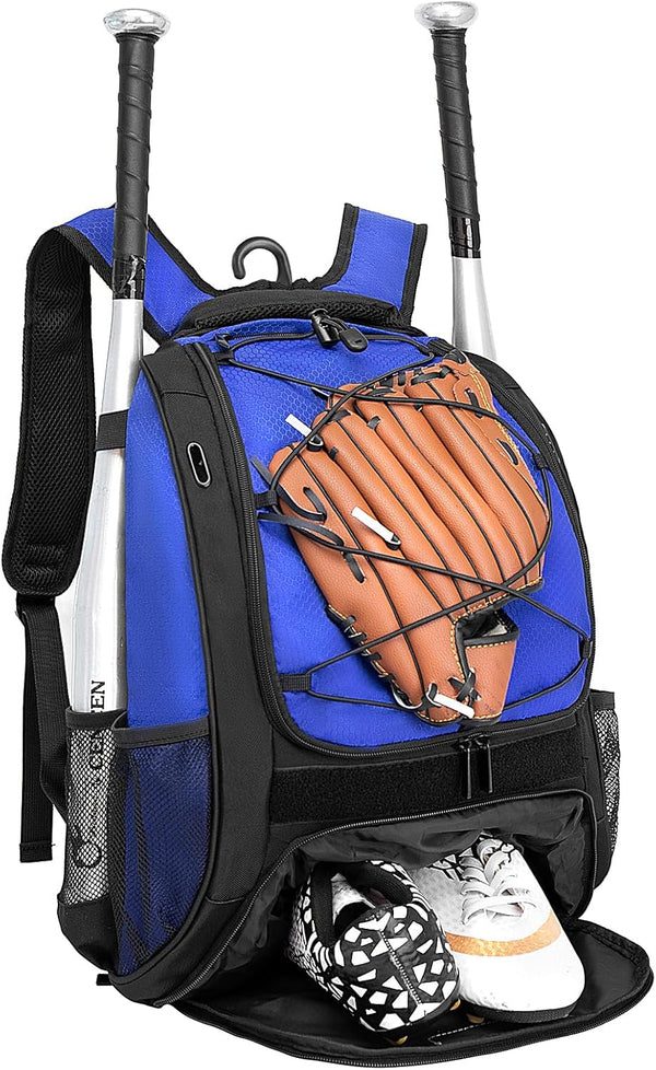 Youth Baseball Backpack Bag with Shoes Compartment, Bat Holder & Fence Hook for Softball & T-Ball Gear