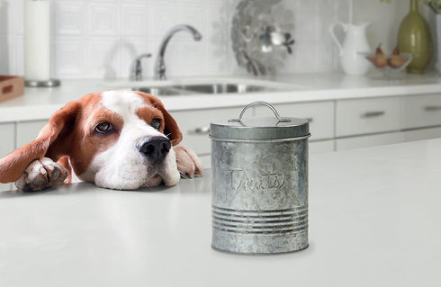 Amici Pet Retro Treats Galvanized Relief Lettering Metal Storage Canister, Food Safe, 72 Ounces