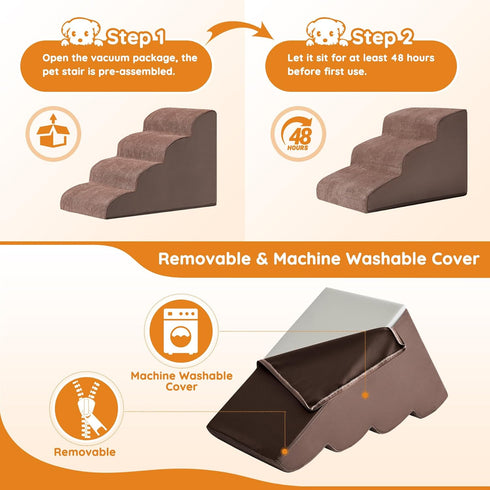 Dog Steps for Bed, 4-Step Dog Ramp for Small Dogs, Non-Slip Design, High Density Foam, Coffee