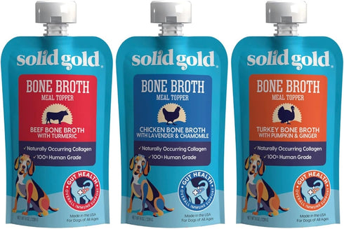 Solid Gold Human Grade Bone Broth Dog Food Meal Toppers 3 Flavor Sampler Bundle, 1 Each: Beef, Chicken, Turkey (8