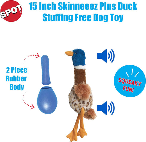 SPOT Skinneeez Plus Duck, Stuffing Free Dog Toy, 15in, Two Piece Rubber Body, Two Squeakers