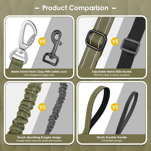 Tactical Dog Leash Heavy Duty - 4-6ft No Pull Bungee for Medium Large Dogs with Comfortable Padded Double Handle, Green