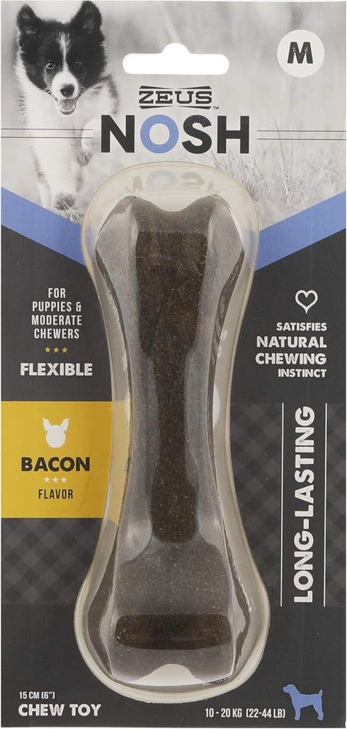 ZEUS Nosh Flexible Dog Chew Bones - Long Lasting Bacon Flavor Dog Chew Toys for Puppies Teething, Medium