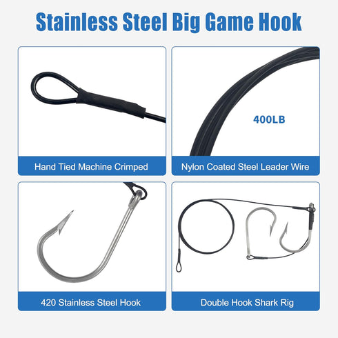 400LB Shark Rigs Stainless Steel Twin Fishing Hooks Nylon Coated Cable Leader Rigging Saltwater Sea Fishing Double Drop