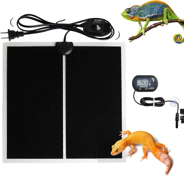 MQ Reptile Terrarium Heat Pad with LCD Digital Aquarium Thermometer, 5.5 x 6in Power Adjustment Heater Mat