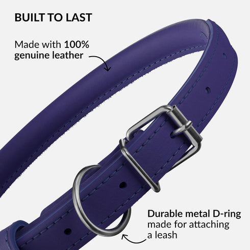 CollarDirect Rolled Leather Dog Collar, Soft Padded Round Handmade Genuine Leather, 13 Colors, 13-16 Inch, Purple Smooth