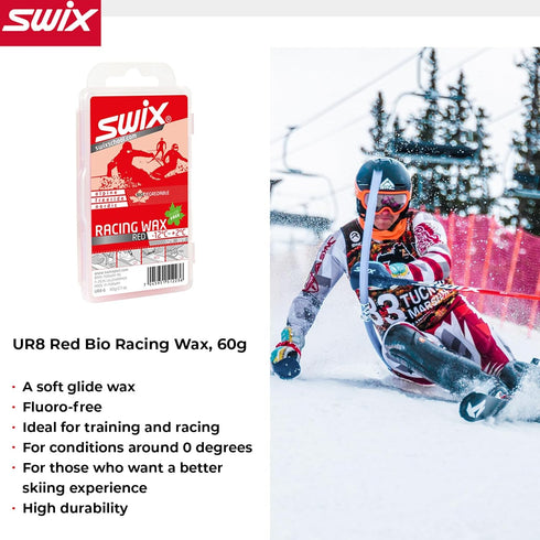 SWIX UR8 Red Bio 60g Racing Wax for Mid-Range Temperatures, Durable Soft Glide Wax for Skiing