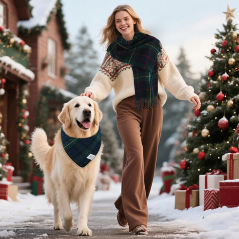 E-Clover Christmas Dog Bandanas Matching Owner Green Blue Buffalo Scarf Plaid Dog Bandana Bibs with Tartan Scarves