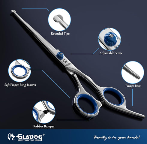 6 1 Dog Grooming Scissors Kit with Safety Round Tips, GLADOG Professional in Grooming Scissors for Dogs, Sharp