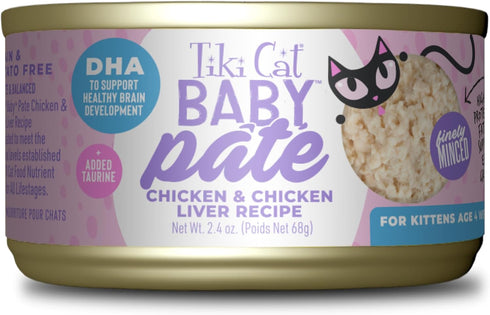 Tiki Cat Baby Pate Wet Cat Food, Chicken & Chicken Liver, 2.4 oz. Cans, Pack of 12
