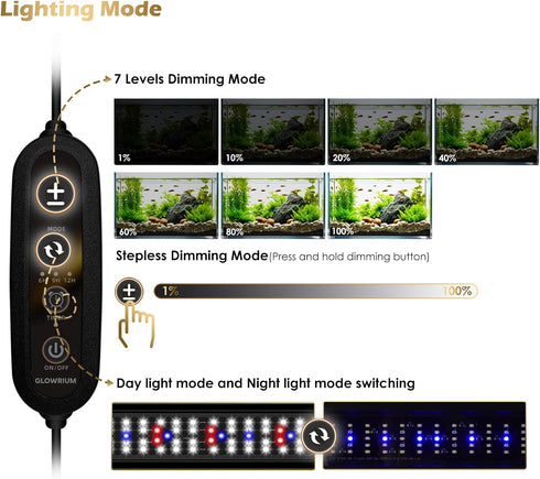Aquarium Light - LED Full Spectrum for Freshwater Fish Tank, Daylight/Moonlight Mode, Auto-On/Off Timer (12-17 in)
