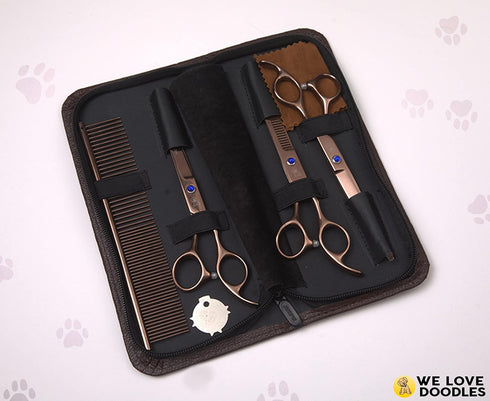 4 Set Dog Grooming Scissors Kit - Best Tools for Goldendoodles & Poodles - Straight, Curved & Thinning Shears