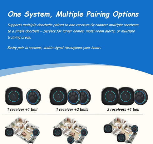 1000ft 60 Training(2 1 Soft Ring Blk Dog Bells to Go Outside - Wireless Dog Door Bell with Range, Melodies, LED