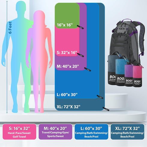 Swimming, Backpacking (XL:72''x32''+16''x16'' BOGI Microfiber Travel Sports Towel - Quick Dry, Soft Lightweight