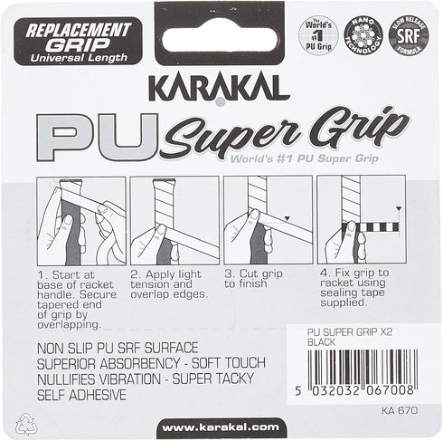 Karakal PU Supergrip Replacement Racquet Grip - 2 x Grip for Tennis/Badminton/Squash (Black)