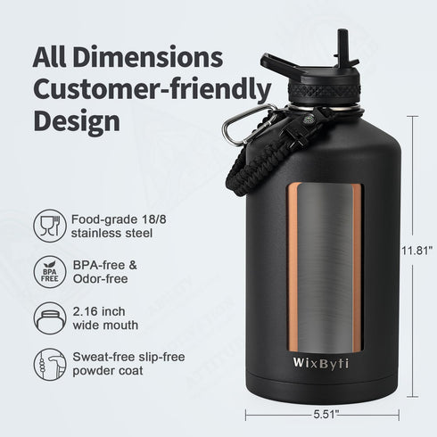 One Gallon Insulated Water Bottle, 128oz Large Sports Stainless Steel Jug, Triple Wall Vacuum Cold & Leak-proof with