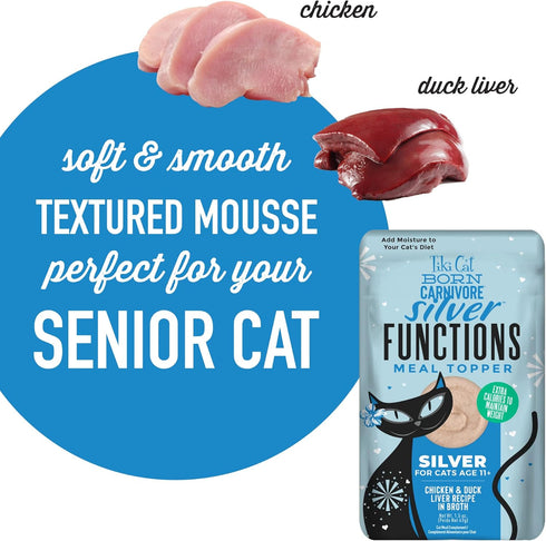 Tiki Cat Born Carnivore Functions Silver, Chicken & Duck Liver Recipe in Broth, High Protein Mousse Cat Food Topper for