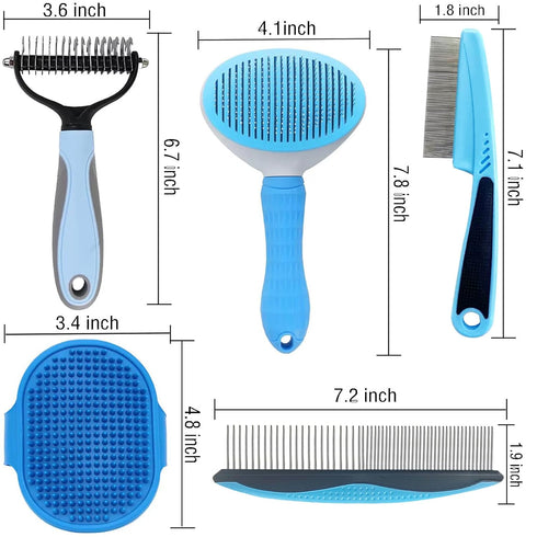 5-in-1 Pet Grooming Kit with Self-Cleaning Slicker Brush for Dogs & Cats, Includes Undercoat Rake, Dematting Comb