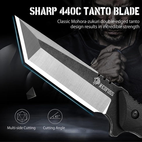 NedFoss Tactical Survival Knife - 440C Steel Blade, G10 Handle, Kydex Sheath, Fire Starter - Camping Gift for Men