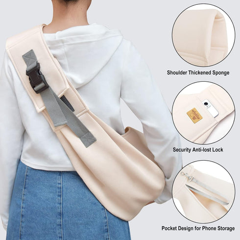 Dog Sling Carrier, Adjustable Strap, Soft Cotton Dog Carrier Bag with Pocket for Travel Outdoor (Beige)