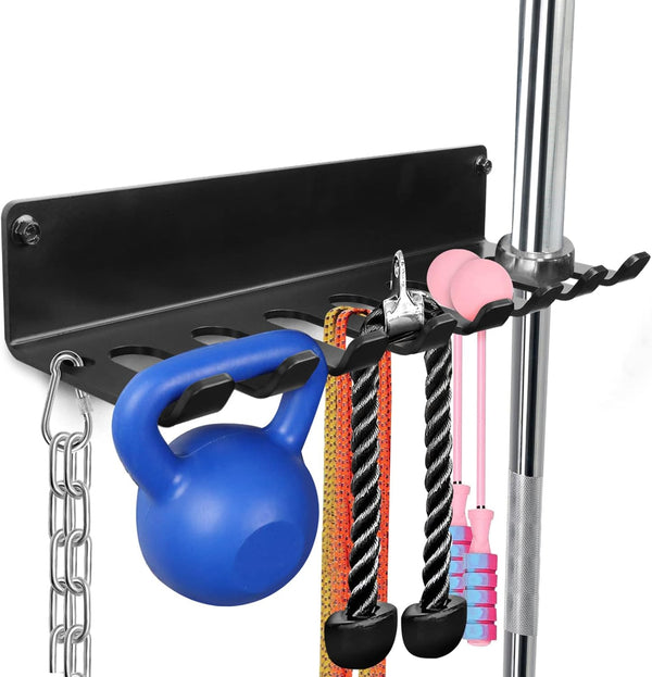 Gym Rack Organizer - Wall Mount Hooks for Olympic Barbells, Row Handles, Bats, Tools (E-Book Instruction Included)