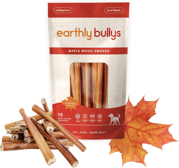 Earthly Maplewood Smoked Bully Sticks, Regular Thickness for Large, Medium, and Small Dogs, Grass Fed All Natural