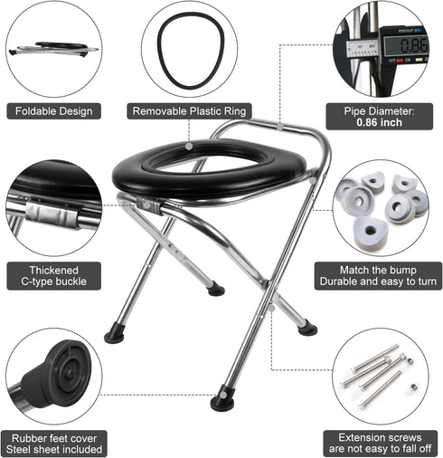 350LBS 16.5-Inch BLIKA Portable Toilet for Camping, Stainless Steel Foldable Camp Travel Toilet with Soft Seat