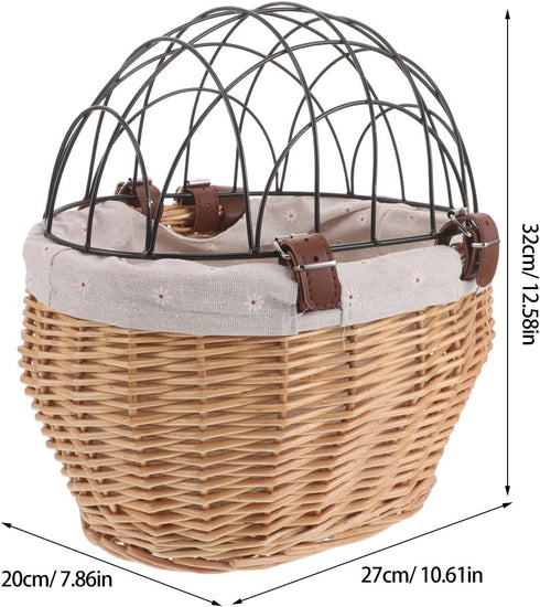 Commuting Puppy Bike Carrier Handwoven Wicker Pet Basket with Straps for Dog Cat Riding, Front Mounted Animal Carrier