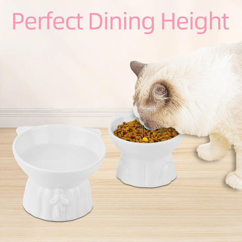 Ceramic Elevated Cat Bowls, 2Pc Extra Wide Raised Bowls for Food and Water, Shallow Whisker Friendly Dish (White)