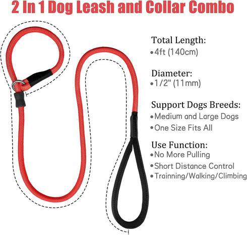 Strong Slip Rope Dog Training Leash 4ft, Heavy Duty Braided Nylon Lead with Padded Handle for Medium Large Dogs
