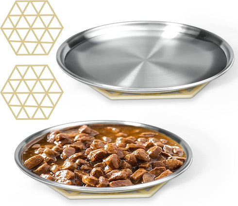 Stainless Steel Cat Dishes for Food and Water, 2 Sets Shallow Style, Relief of Whisker Fatigue (6.5 Inch)