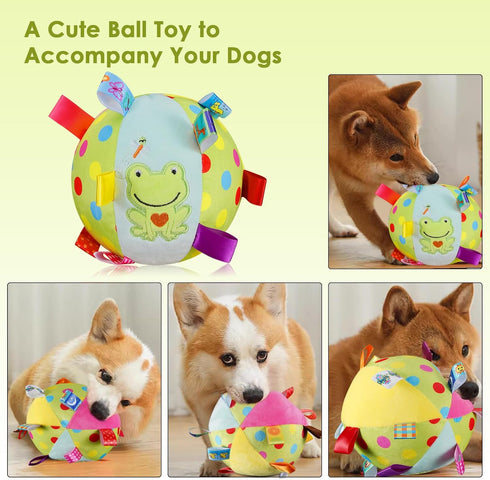 Dog Squeaky Plush Ball Toy with Straps, 6 Inches Soft Stuffed Ball with Cotton Material and Bell for Fetch